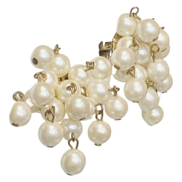 White Pearl Cluster Dangle Clip-On Statement Earrings 2" Wedding Jewelry - Picture 2 of 8